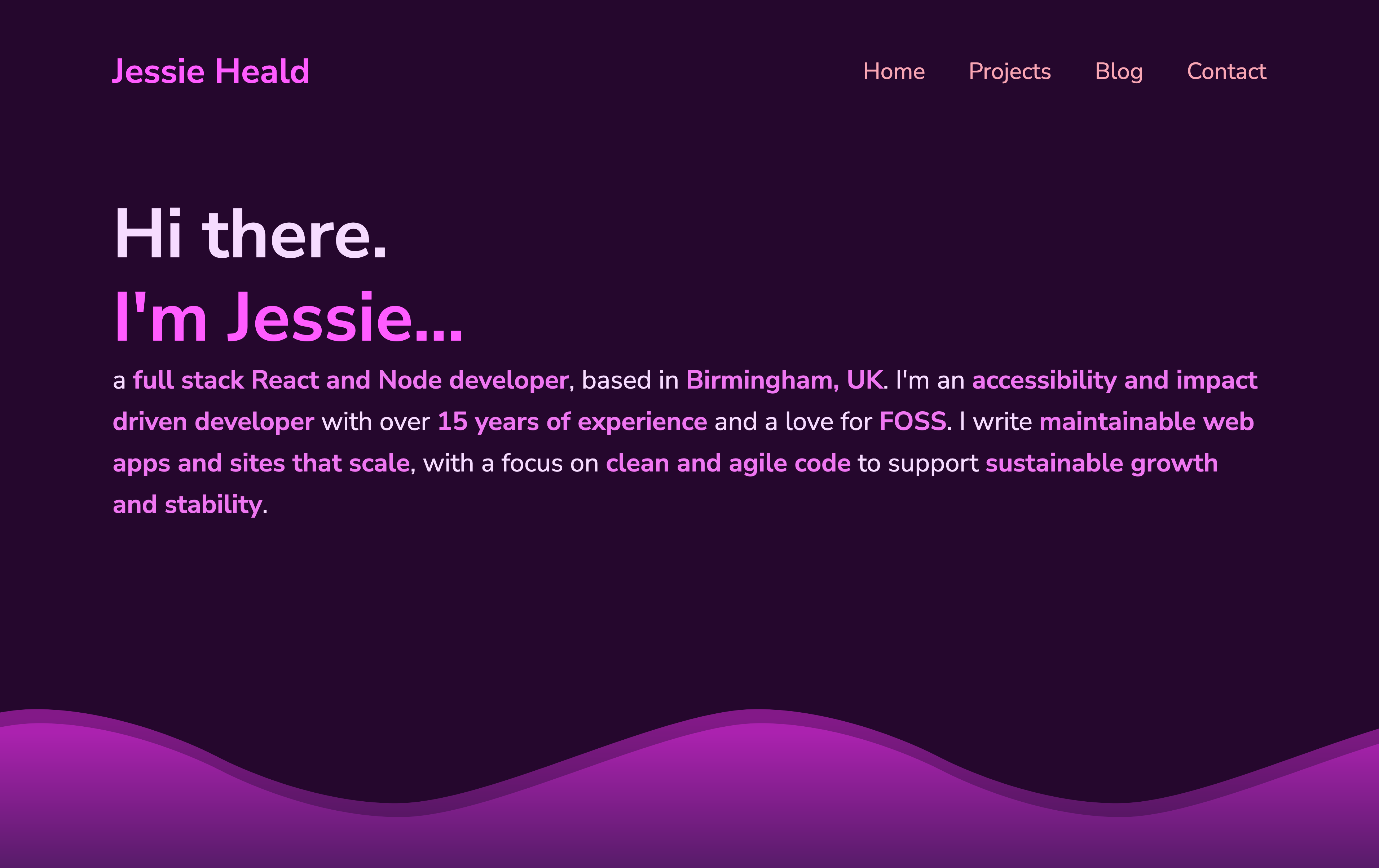 Screenshot of the site's home page, above the waves is a dark purple background in place of the white background that came before it