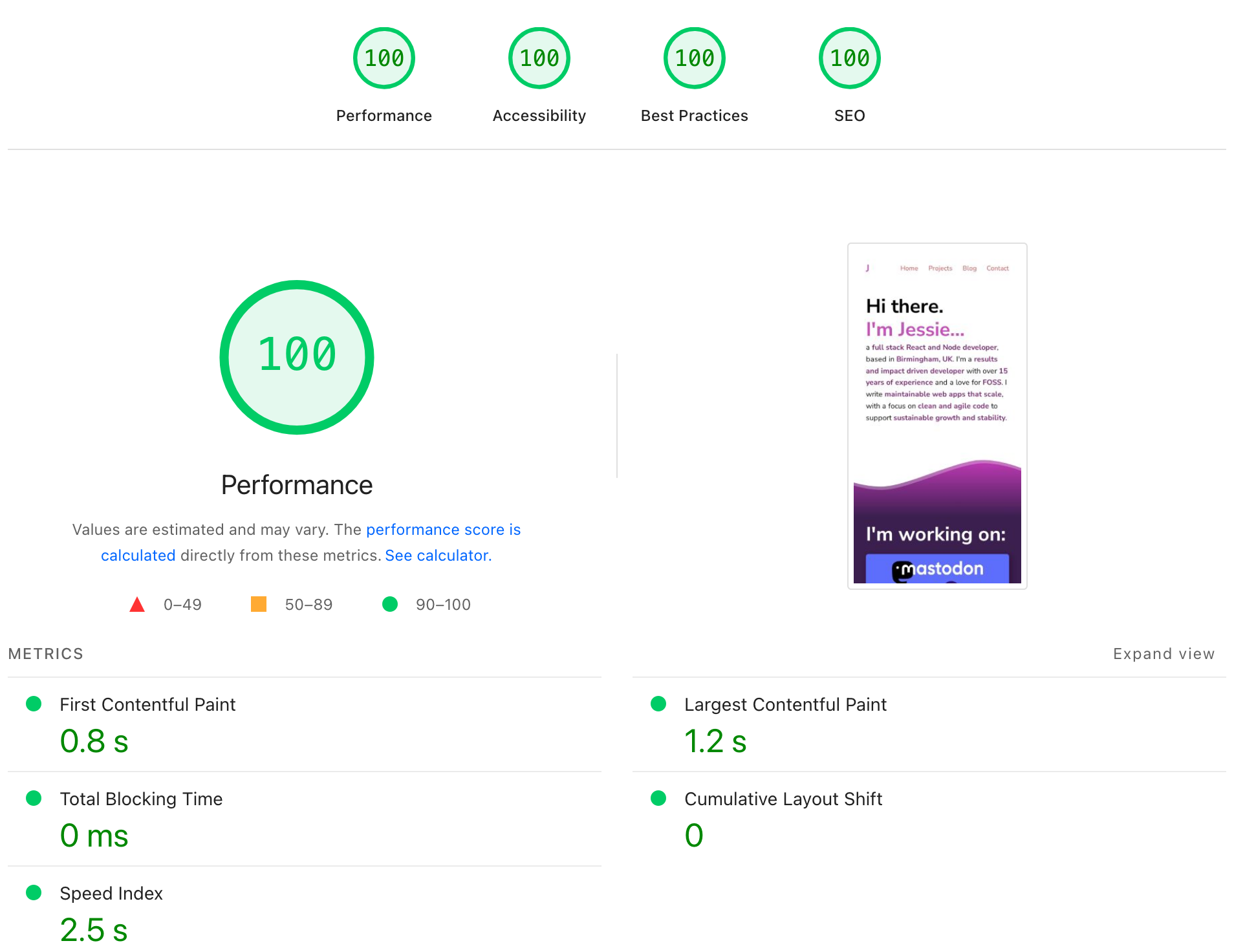 A screenshot of PageSpeed Insights for this site. At the top are 4 dials at 100%: "Performance", "Accessibility", "Best Practices" and "SEO". There's metrics at the bottom: First Contentful Paint is 0.8s, total blocking time is 0ms, speed index is 2.5s, largest contentful paint is 1.2s and cumulative layout shift is 0. 